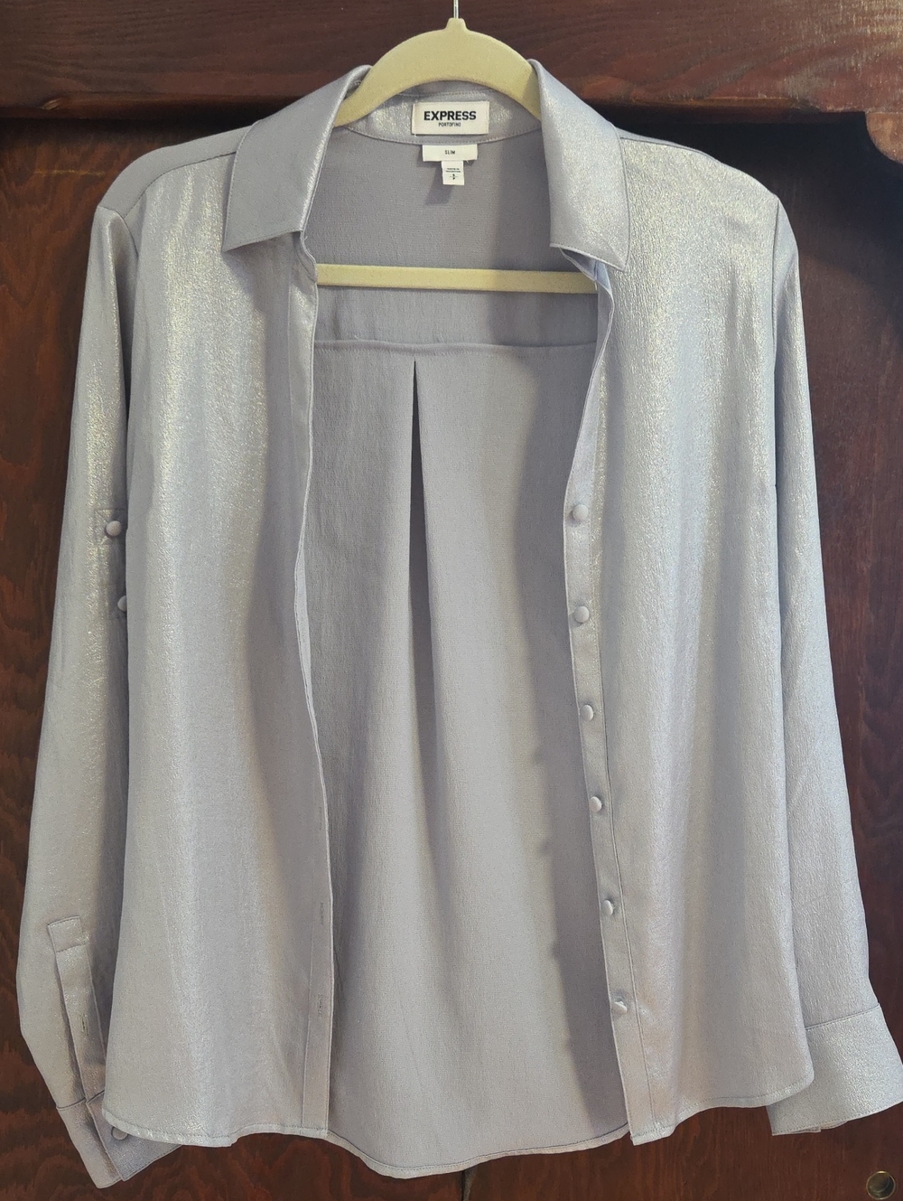 Express Women's Metallic Light Silver Button-Down Shirt